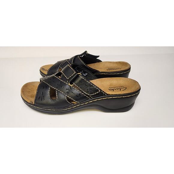 Clarks Bendables Wedge Open Toe Black Sandals Adjust Strap Leather Size 8.5M - Picture 4 of 8
